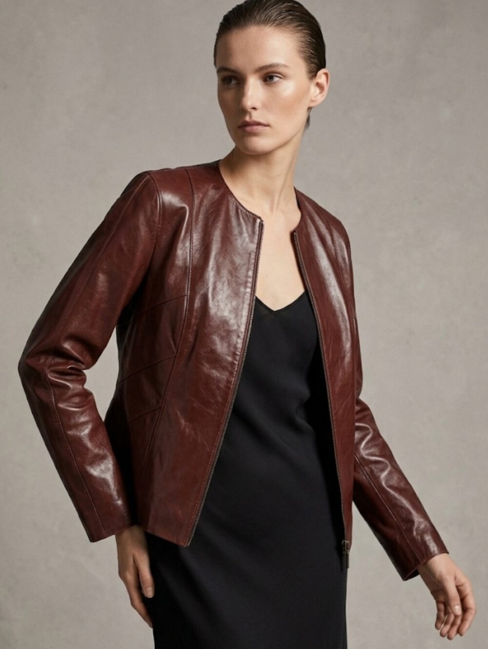 Pelle Studio Wilsons Leather Brown Zip Front Collarless Jacket Large